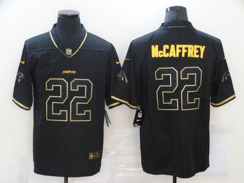 Men Carolina Panthers 22 Mccaffrey Black Retro Gold Lettering 2020 Nike NFL Jersey